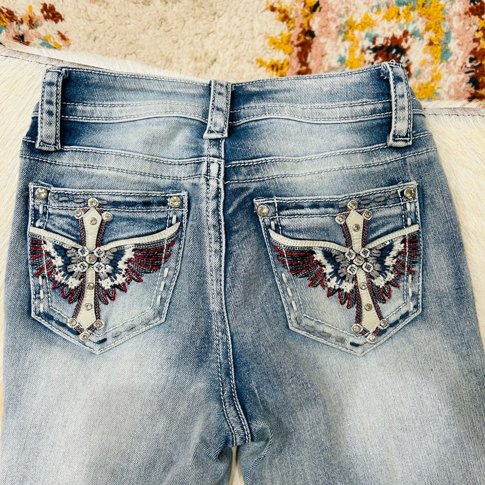 Ring of Fire Blue Boot Cut Jeans with Ornate Back Design